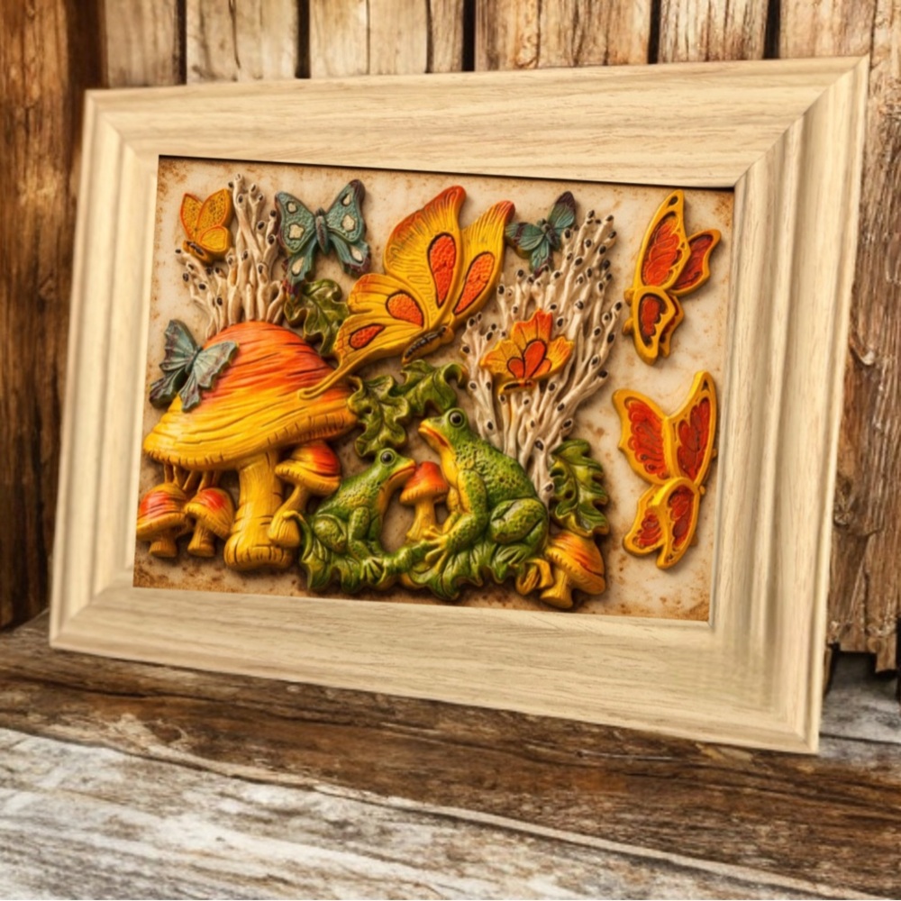 Butterfly & Mushroom Relief Wall Art - Yellow, Orange, Green